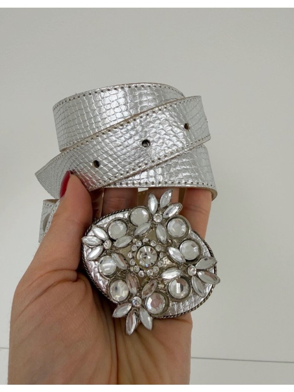 Vintage Cache Genuine Leather BeltMetallic Silver Rhinestone Buckle Sz S